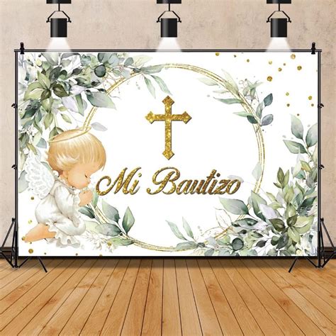 Amazon Mi Bautizo Backdrop 7 X 5 Ft Green Leaves Gold Ring Cross