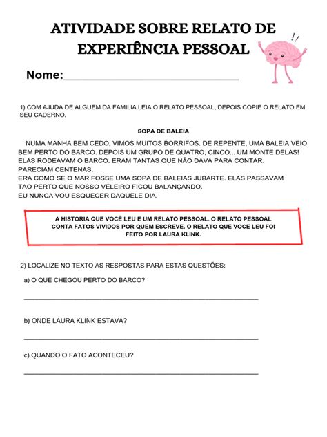 Atividade Relato Pessoal 2 Ano - Atividade de Relato Pessoal 2º Ano | PDF