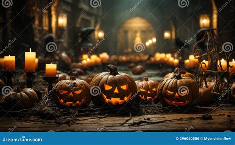 A Group Of Carved Pumpkins With Candles In The Background Stock Illustration Illustration Of