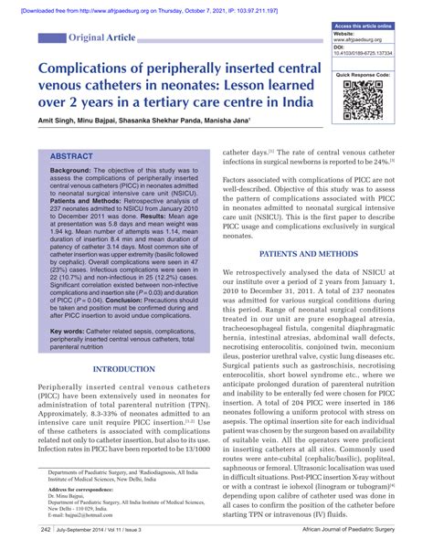 Pdf Complications Of Peripherally Inserted Central Venous Catheters