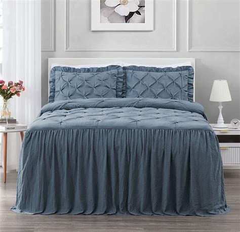 Chezmoi Collection Aria 2 Piece Pinch Pleat Pintuck Ruffle Skirt Bedspread Set Twin Dusty Blue