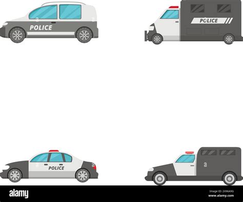 Illustration Of Various Cartoonstyle Police Vehicles Including Cars