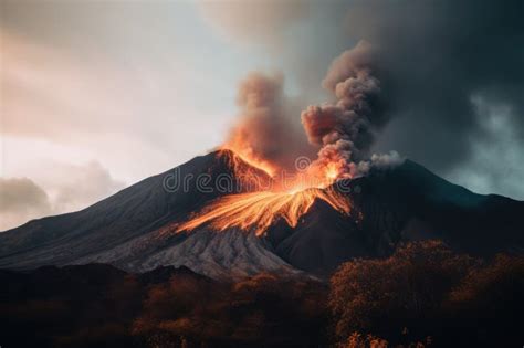 Active Volcano Erupting With Smoke And Lava Created Using Generative