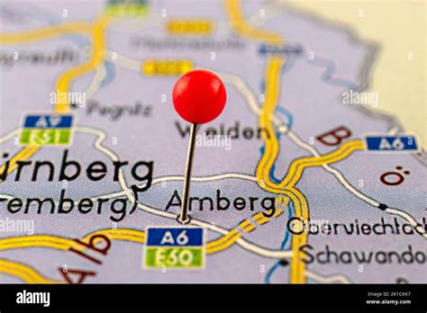 Amberg map. Close up of Amberg map with red pin. Map with red pin point ...