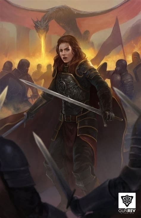 Red Haired Woman Knight Fighting While A Dragon Approaches Inspiration