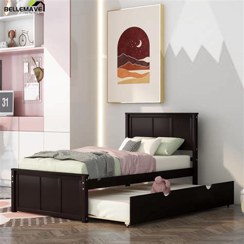 Bellemave Twin Size Platform Bed with Trundle and Headboard, Wood Twin Size Frame Twin Bed with ...