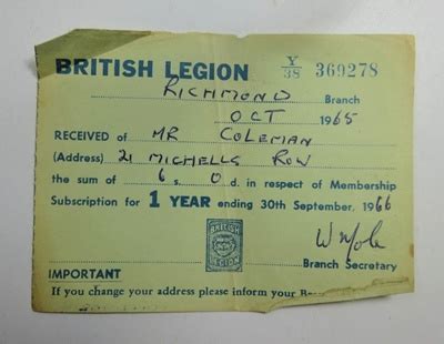 British Legion membership card; The Royal British Legion Press; 1965 ...