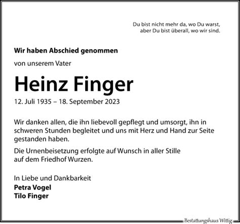 Traueranzeigen Von Heinz Finger Trauer Anzeigen De