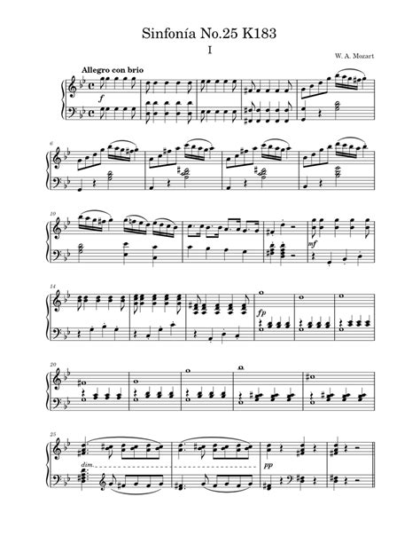 Symphony No25 In G Minor K183 I Sheet Music For Piano Solo