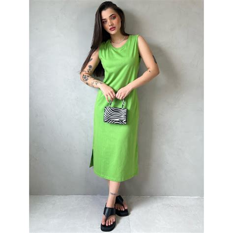 Vestido Midi Cavado Liso Verde Folha Tshirteria Graus