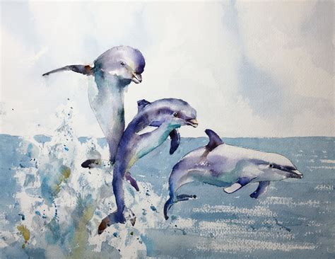 Dolphins Michele Clamp Art Sunflower Watercolor Painting Watercolor