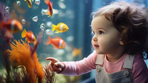 Premium AI Image | baby's first encounter with a colorful fish in an ...