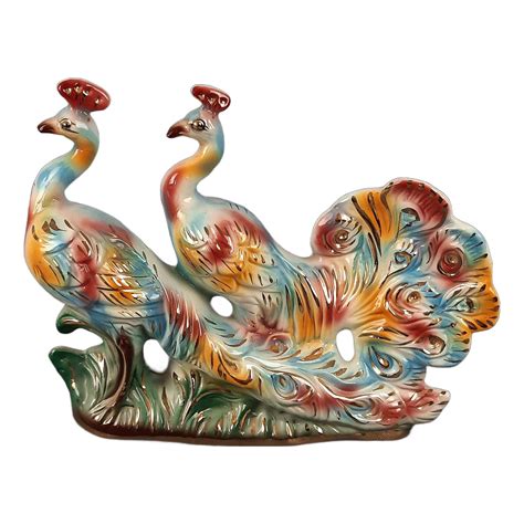vintage multicolored ceramic sculpture  peacocks italy  chairish