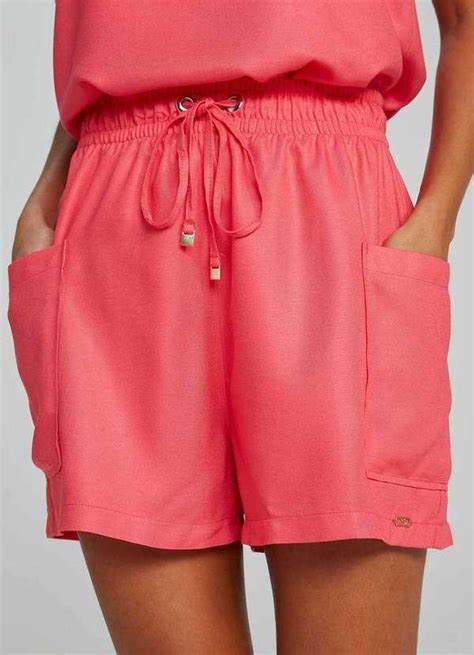 Shorts Basico Feminino Em Sarja Cintura Alta Bolsos Rosa Hering