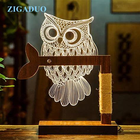 3d Wooden Led Owl Animal Night Light Warm Lighting Table Reading Lamps