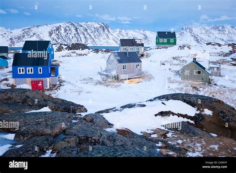 Winter scene with Inuit houses, Kulusuk village, Greenland Stock Photo - Alamy