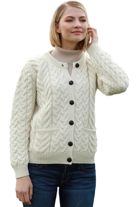 Aran Super Soft Merino Wool Button Up Cardigan Sweater Irish Cable ...