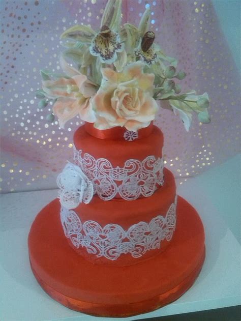 red cake and flowers - Decorated Cake by Catalina Anghel - CakesDecor