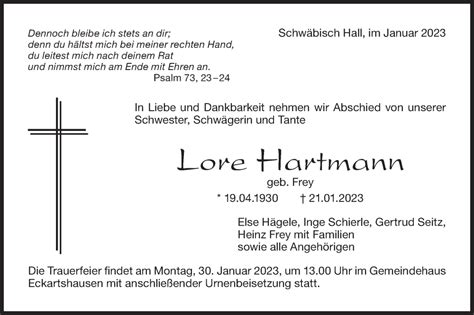 Traueranzeigen Von Lore Hartmann S Dwest Presse Trauer