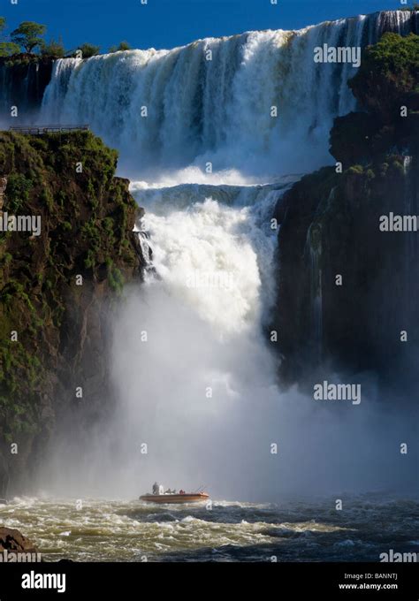 Popular Tourist Ride Into The Mist Iguazu Falls Waterfall Hi Res Stock