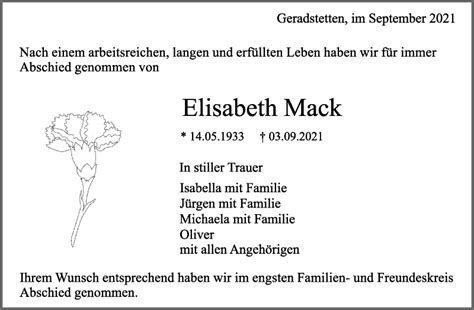 Traueranzeigen Von Elisabeth Mack Zvw Trauer