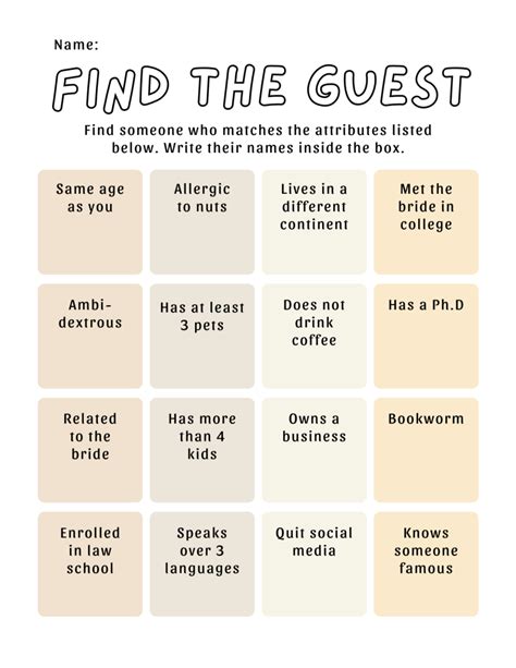 Jenna Find The Guest Bingo Bridal Shower Game Template Pine