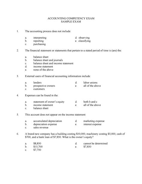 Accounting Competency Exam Sample Exam Accounting Competency Exam