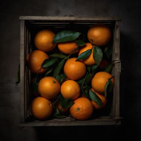 Una Caja De Naranjas Con Hojas Verdes En El Fondo Foto Premium