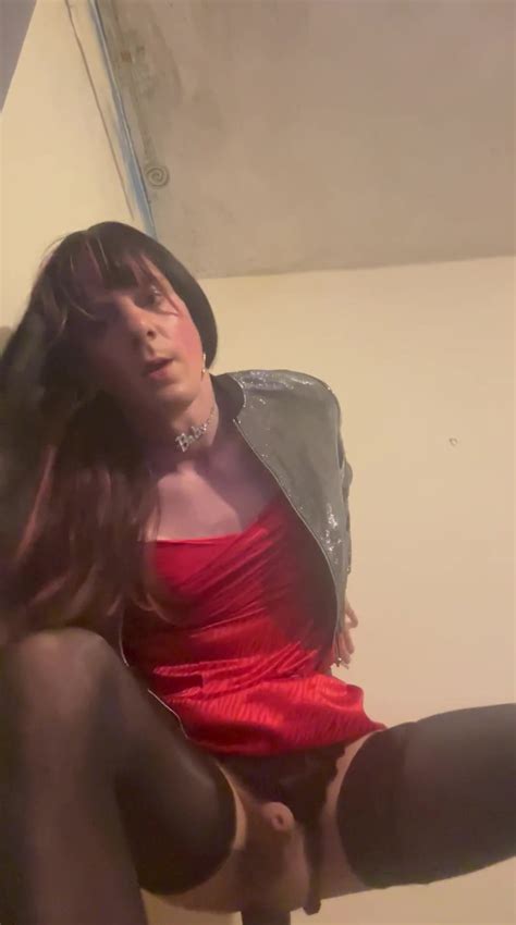 Jess Silk Riding Black Dildo In Red Dress And Shiny Jacket