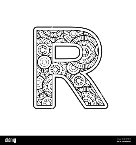 Coloring Page For Adult Contour Capital English Letter R On A Mandala Background Stock Vector