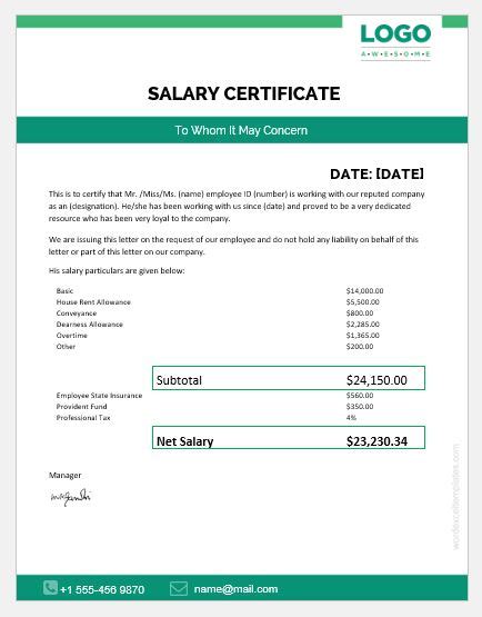 20 Salary Certificate Templates For Ms Word Word And Excel Templates