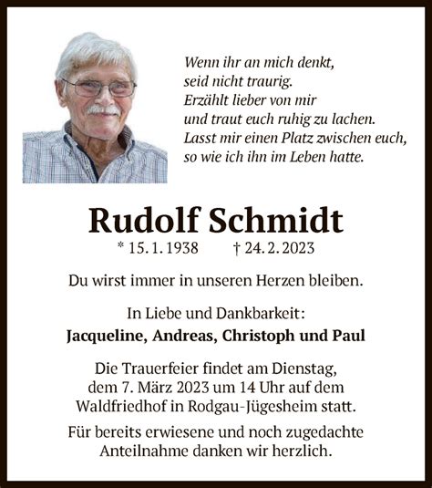 Traueranzeigen Von Rudolf Schmidt Trauer Op Online De