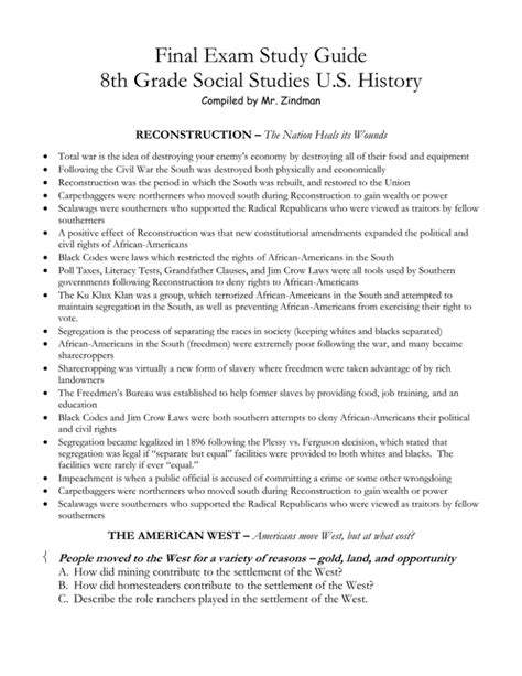 Final Exam Study Guide 8th Grade Social Studies Us History