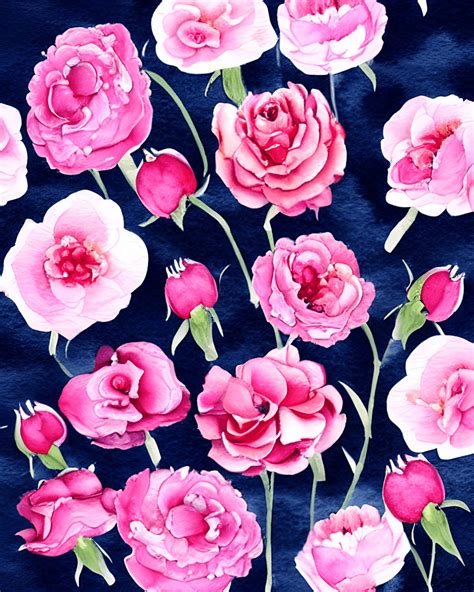 Watercolor Bouquet Of Pink Flowers On Navy Blue Background Creative