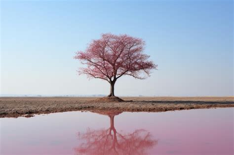 Premium Photo A Lone Tree Is Reflected In A Puddle Of Pink Water