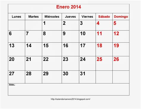 Calendarios Enero 2014 Para Imprimir Con Notas Calendario Para