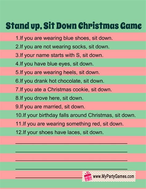 Free Printable Christmas Stand Up Sit Down Game Fun Christmas Games