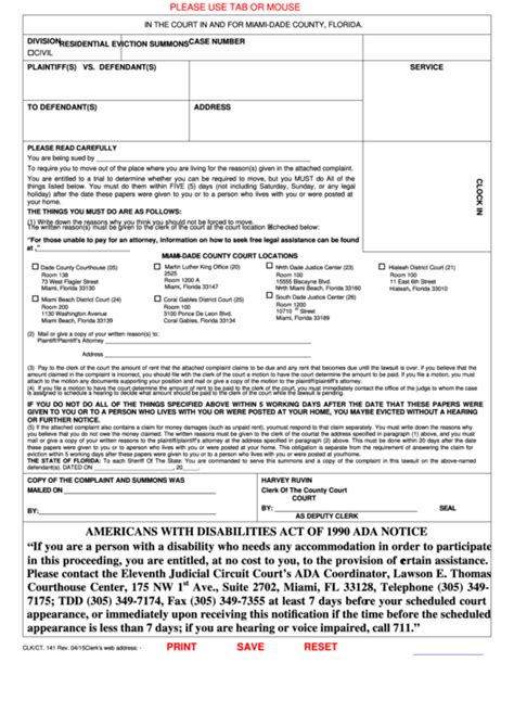 Fillable Residential Eviction Summons Florida County Court Printable