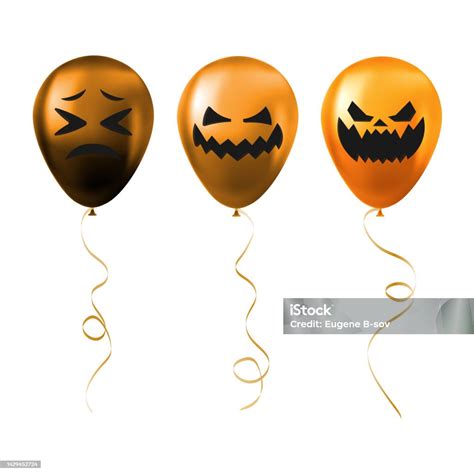 Set Of Halloween Orange Balloons With Scary And Funny Faces Stock