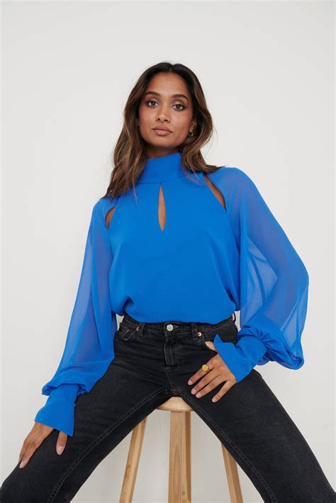 Romy Cut Out High Neck Blouse Blue Pretty Lavish