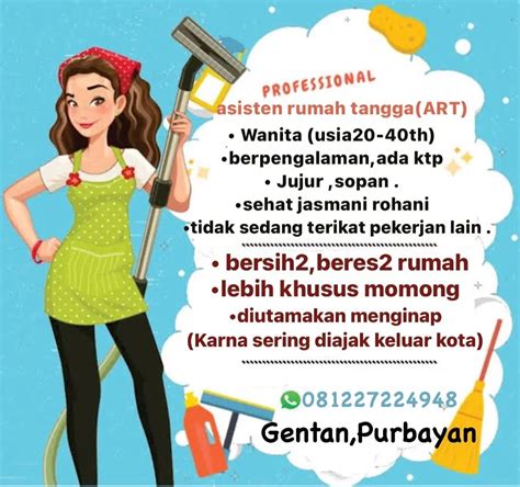 Lowongan Kerja Asisten Rumah Tangga Wanita Berpengalaman Gentan