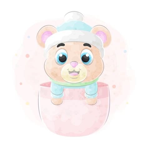 Mignon Petit Ours Avec Illustration Aquarelle Vecteur Premium