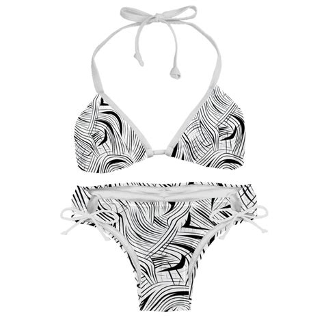 Sexy Women S String Bikini Set Black White Art Lines Print Two Piece