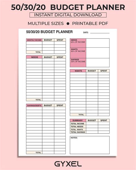 503020 Budget Overview Template Printable Monthly Budget Planner 50