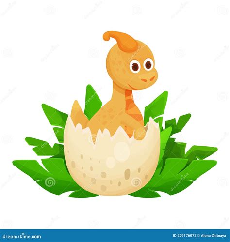 Cute Dinosaur Baby In Egg Hatching In Cartoon Style Isolated On White