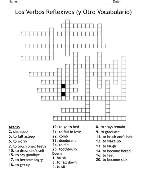 Los Verbos Reflexivos Y Otro Vocabulario Crossword Wordmint