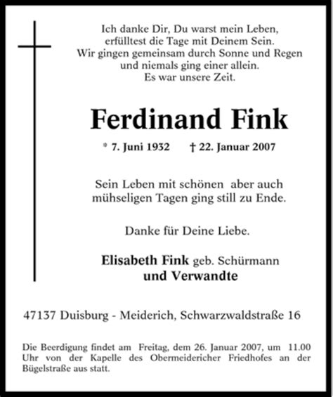 Traueranzeigen Von Ferdinand Fink Trauer In Nrw De