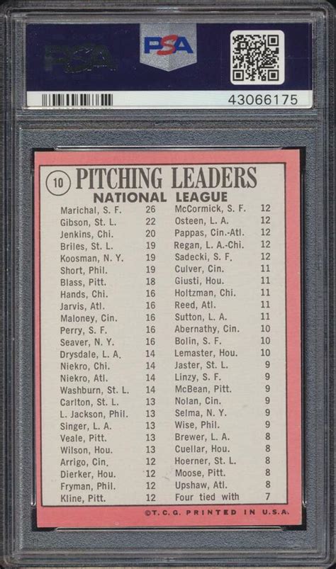 1969 Topps 3X HOF Pitching Leaders Marichal Gibson Jenkins 10 Card PSA