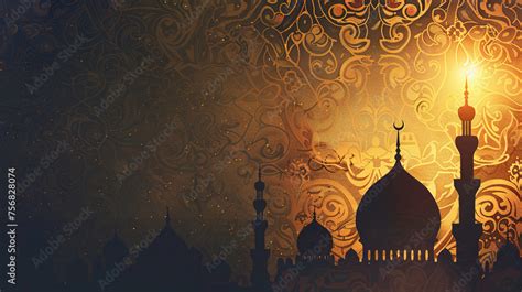 Ramadan Kareem Oriental Style Banner With Arabesque Pattern And Mosque