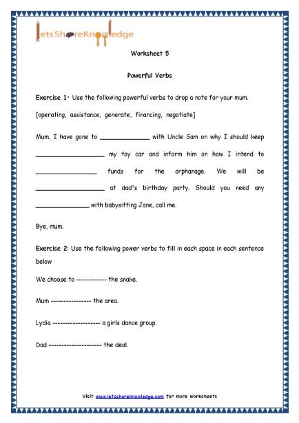 Grade 4 English Resources Printable Worksheets Topic Powerful Verbs Lets Share Knowledge